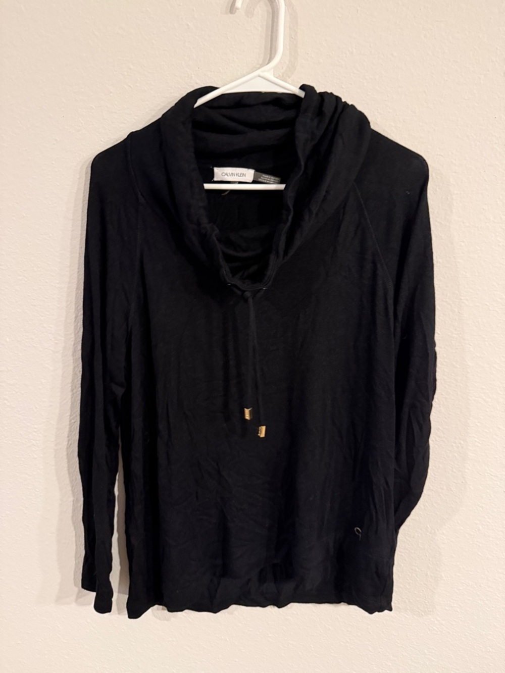 Calvin Klein Black Cowl Neck Top with Gold Accents